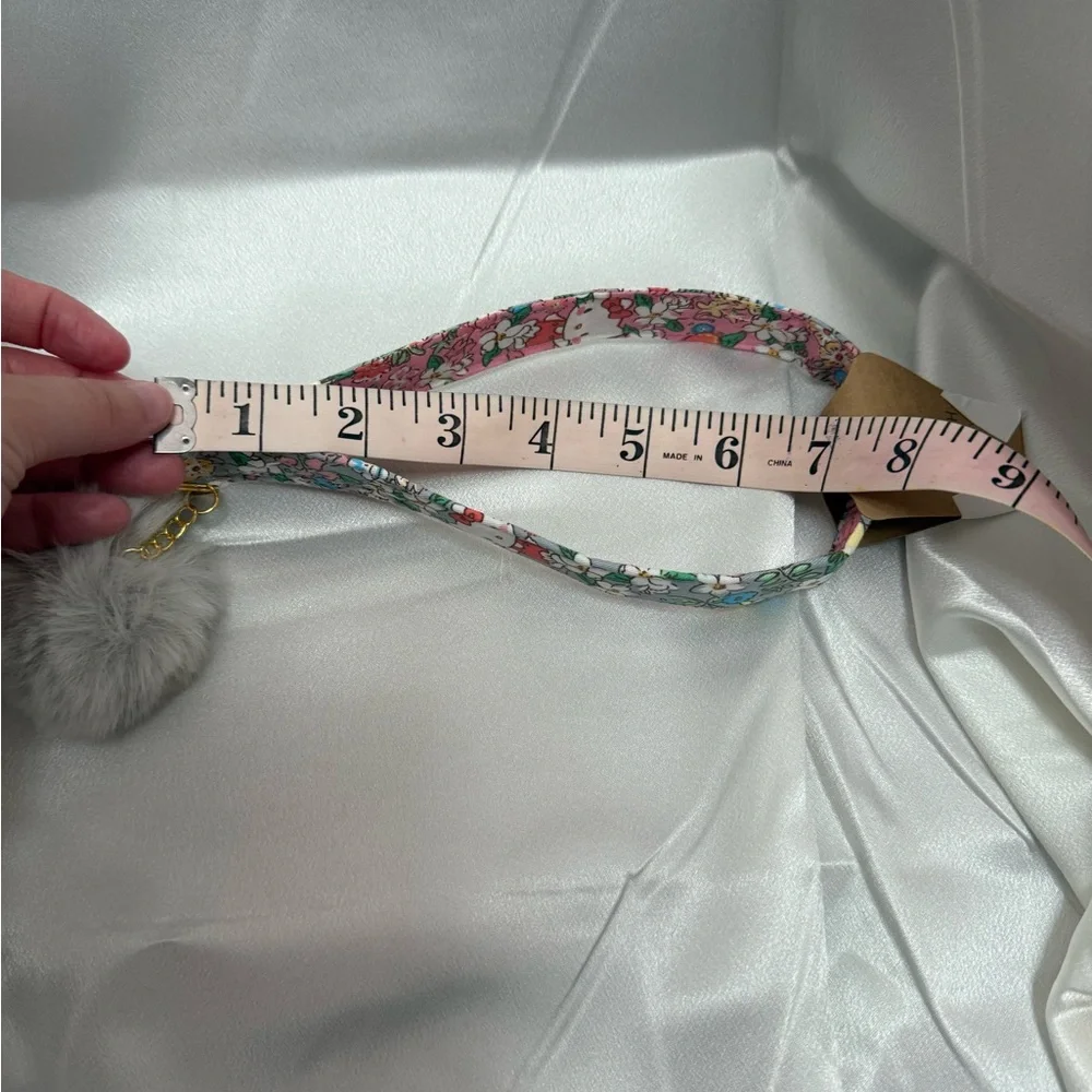 Handmade Kitty and Floral Wristlet Keychain with Gray Pompom